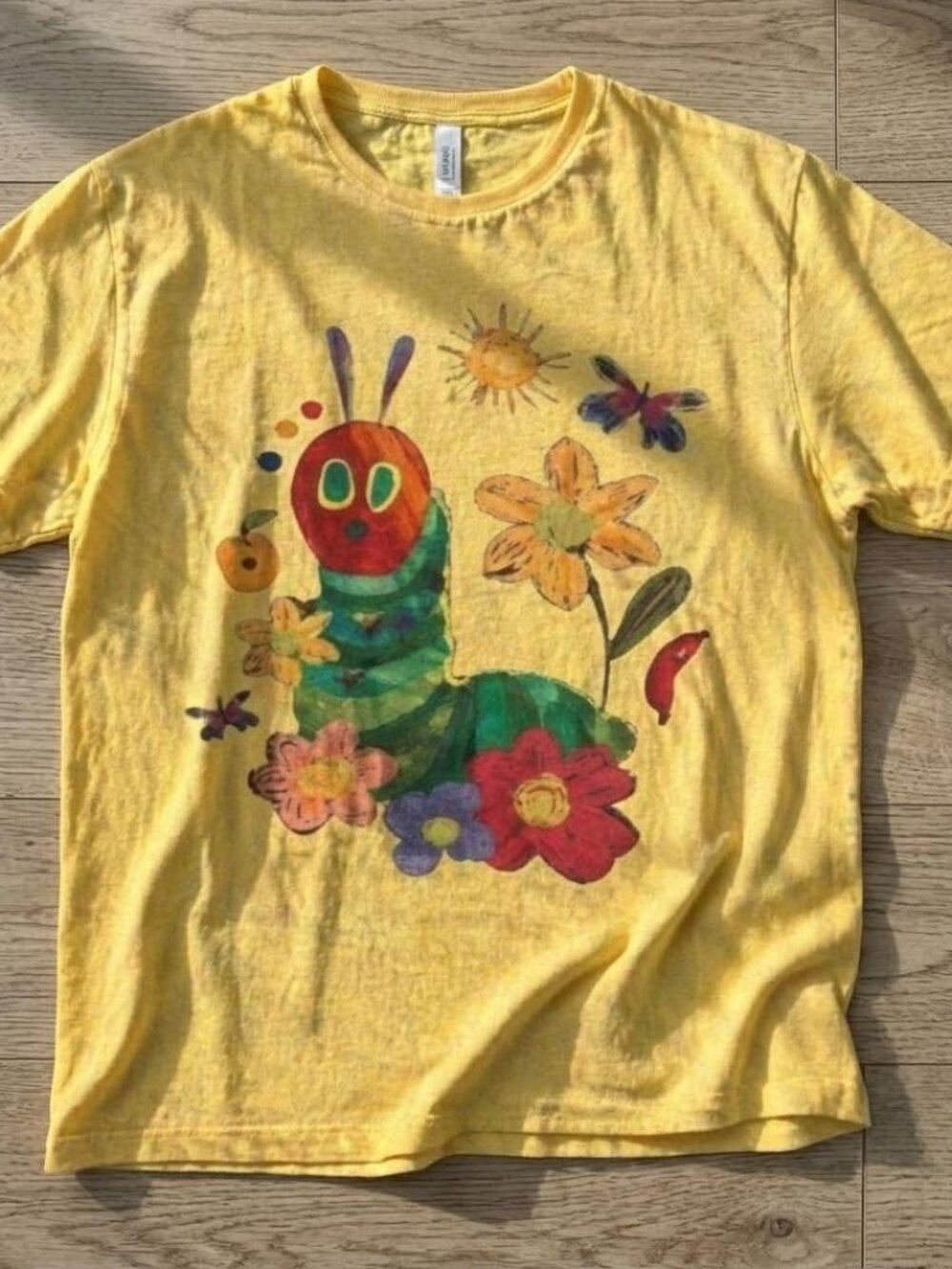 Gildan Heavy Cotton Caterpillar & Wildflower Graphic T-Shirt Yellow Cute Nature